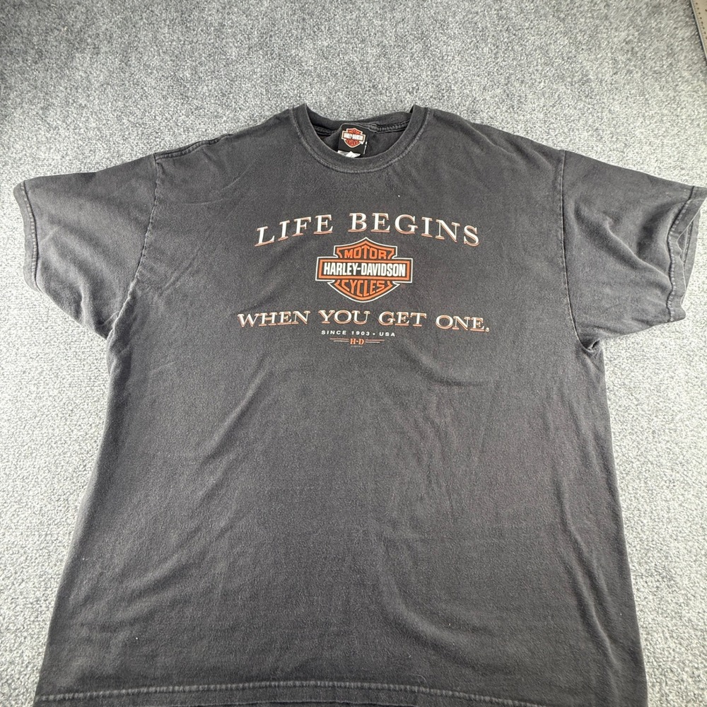 Harley-Davidson Mens Life Begins Graphic T-Shirt Black 2XL USA Made 0434